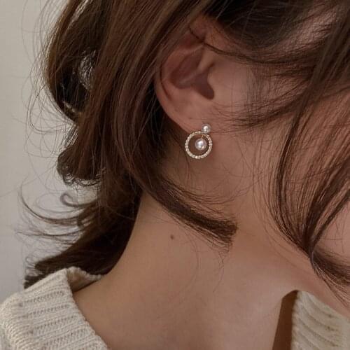 Vintage Gold Color Geometric Round Zircon Pearl Earrings Simple Elegant Cute Circle Stud Earrings For Women Party Jewelry