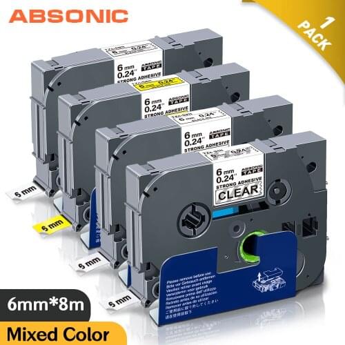 Absonic Mixed Color 6mm TZe Laminated Tapes Compatible Brother TZe-S111 TZe-S211 TZe-S611 TZe-SM911 Strong Adhesive Label Ribbon