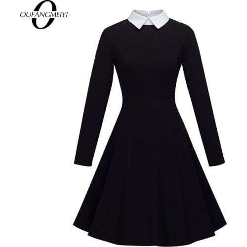 Women Elegant Formal Business Pleated Classic Turn-down Collar Morden A-Line Dress EA016