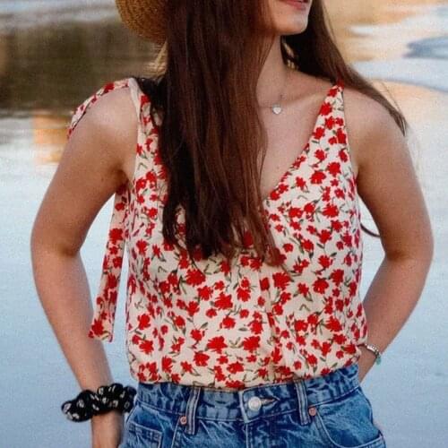 Floral Printed Blouse Female Strapless Top Elegant Bow V Neck Sleeveless Shirts Top Blouses Vintage Casual Chemises Hauts Retro