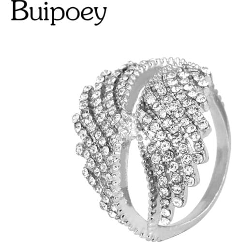 Buipoey Guardian Angel Wings Rings For Men Girls Engagement Crystal Silver Color Ring Lovers Couple Family Wedding Gift
