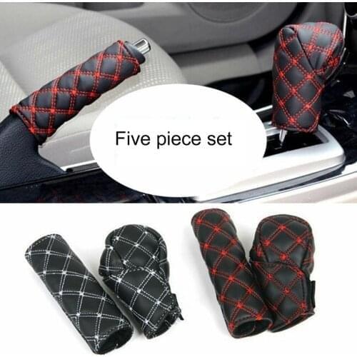 5pcs/set Leather Car Hand Brake Parking Brake Case Gear Shift Rearview Mirror Cover Seat Belt Cover Car Accessories