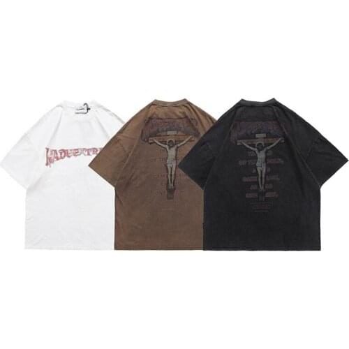 Vintage Mens T shirt Hip Hop Streetwear Harajuku T-shirt Cross Print Cotton Casual Tshirt Short Sleeve Loose Tops Tees