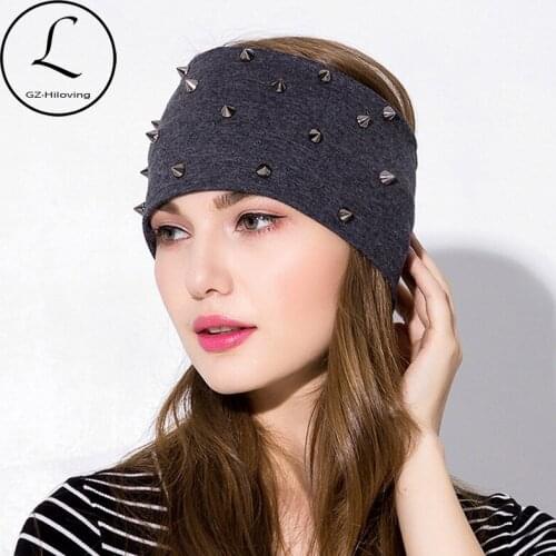 GZHILOVINGL 2018 Women Solid Wide Turban Headband Rivet Bandanas Elastic Cotton Hair Bands Gum Hair For Girls Hair Accessories