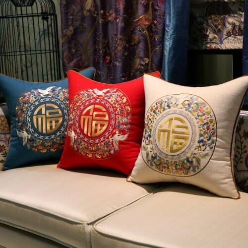 Chinese style style cotton embroidered pillow Chinese style living room back cushion bed waist pillow cute pillow floor pillow