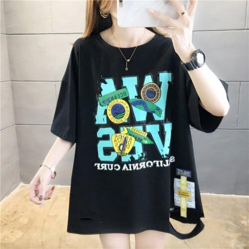 Cotton personality ragged printed patch mid-length short-sleeved girls t-shirt cut hole women 2020 summer Korean top women