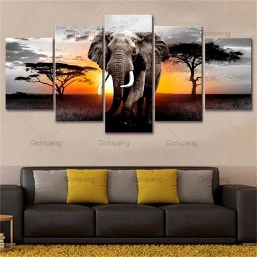 Canvas Painting Home Decoration Walking Elephant Sunset Africa Grassland Scenery Painting Prints Poster Living Room Wall Art