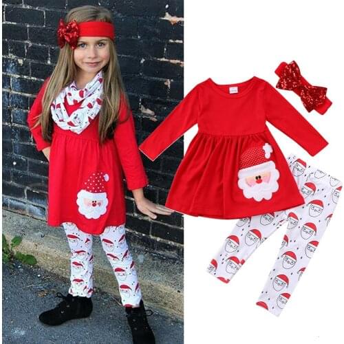 Baby Girls Christmas Clothing Set 3PCS Set Solid Christmas Kids Baby Girls Santa Top Dress Pants Leggings Outfits 2-7 Years