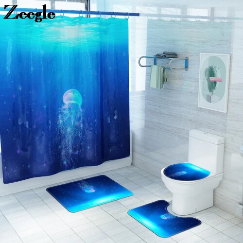 Sea World Pattern Bathroom Carpet and Shower Curtain Set Bathroom Bath Mat Microfiber Toilet Mat Shower Room Anti-slip Floor Mat