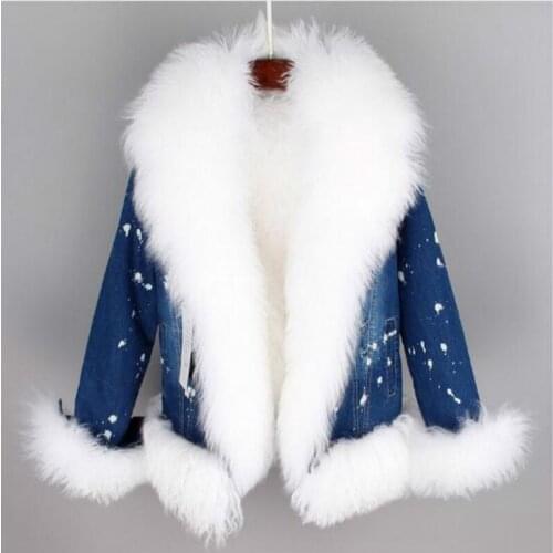 2020 new winter casual warm fashion short fur jacket Natural wool lined with luxurious wool fur collar denim coat