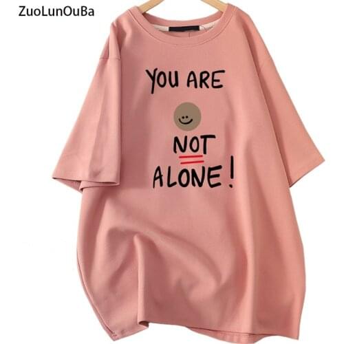Zuolunouba Summer Mid-length Plus Size Women T Shirt Print Letter You Are Not Alone Pink Lady Tees Fashion New Tops Female