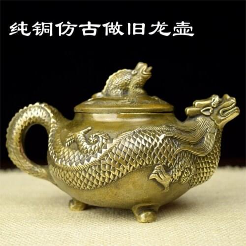 The copper pot body leading dragon old antique dragon pot wind cast brass pot kettle decoration