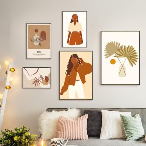Fashion Vintage Girl Wall Art Poster Nordic Abstract Lady Plants Canvas Painting Minimalist Trendy Picture for Living Room Aisle