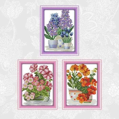Cross Stitch Kits Potted Flower Series DIY Handmade Printed Canvas 11CT 14CT Embroidery Crafts Semi-finished Needlework