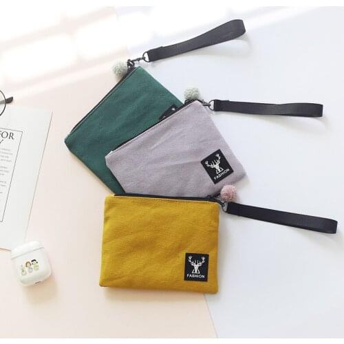 Pure Color Canvas Coin Purse Women Wristlet Mobile Phone Purse Cute Small Coin Bags Girls Portable Card Wallet Cosmetic Pouch