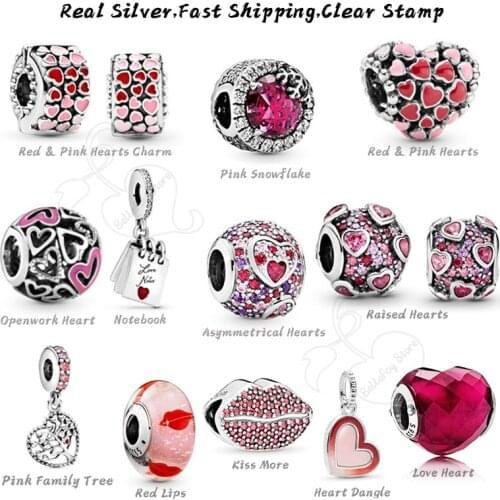 Fuchsia Rose Crystal Shape Of Love Beads 925 Silver Dangles Fits Original Bracelets Bangles Valentine Gifts Charms