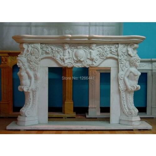 Carved marble gas fireplace mantel generous American style with goddess sculpture