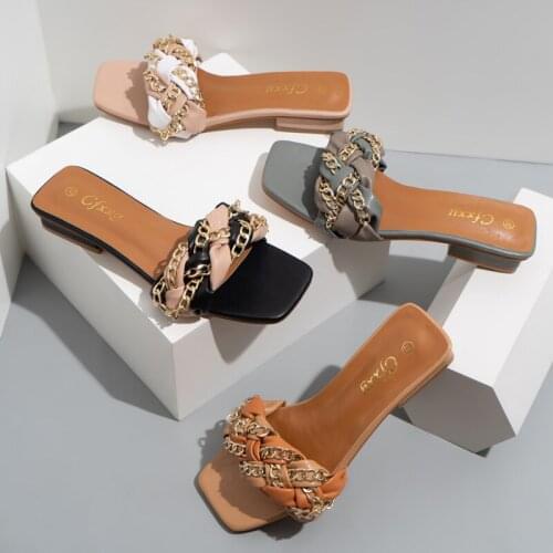 Fashion Flat Women Slippers Weave Chain Women Sandals Zapatillas Mujer Large Size Female Footwear Weave Vintage Women Shoes