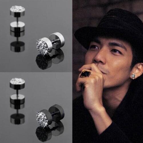 1Pair Black/Silver Color Men Barbell Punk Ear Studs Trendy Round Stainless Steel Crystal Rhinestone Stud Earrings For cool Men