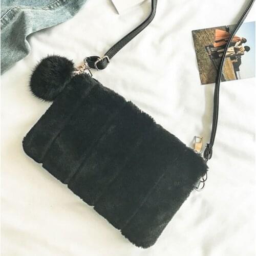 Winter Women Clutch Bag Plush Pompon Solid Color Handbag Ladies Evening Party Envelope Bags New