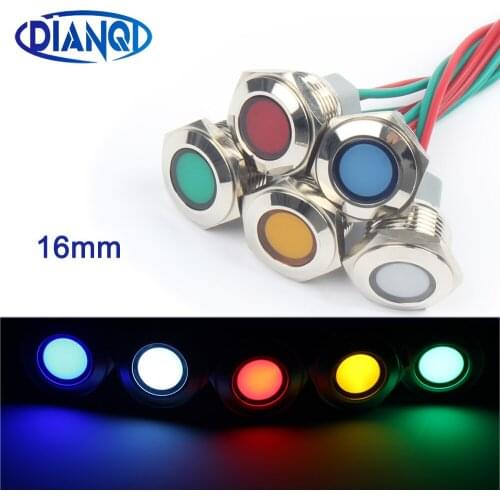 16mm Waterproof Metal Flat Round Indicat Signal lamp LIGHT 3-6V 12-24V 110-220V with wire red yellow blue green LED