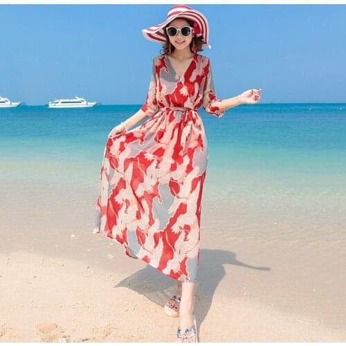 Women Printing Casual Long Dress Elegant Half Sleeve Chiffon Boho Spring Summer Fashion Maxi Dresses Party Vestidos De Y663