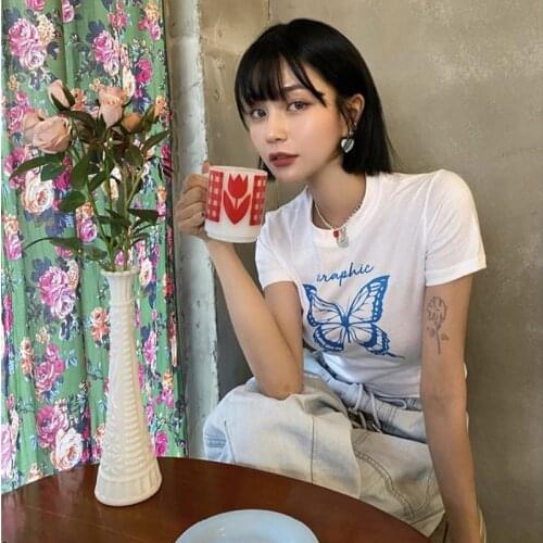 Art Butterfly Vintage 90s Graphic Gothic Women Slim Crop Top Y2K Aesthetic Summer Harajuku Streetwear Punk Casual E-Girl T-Shirt