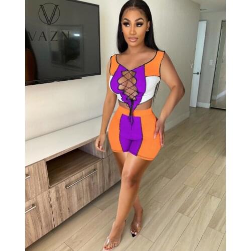 VAZN Summer 2021 Womens Dress Lace Hollow-Out Rib Splicing Color Sport Sleeveless Blouse + Shorts Casual Suit