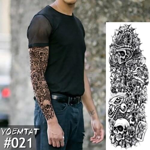 New 1 Piece Temporary Tattoo Sticker Skull Full Flower Tattoo with Arm Body Art Big Large Fake Tattoo Sticker