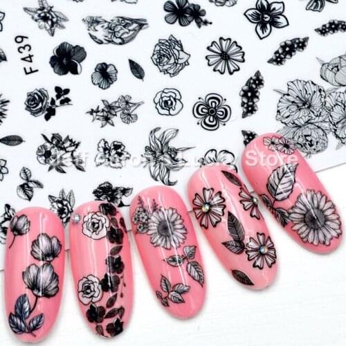5 sheets lot self-adhesive black flower nail stickers decals for nail art decorations manicure fake nails tips accessories tool
