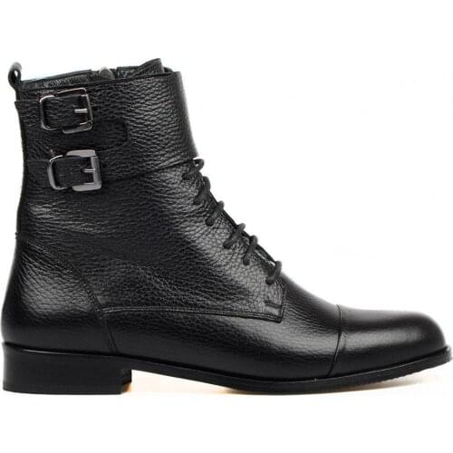 FootCourt- Black Ankle Boots Women Lace Up Genuine Leather Winter Fashion Zipper Boots Square Heels Vintage Women Martins Boots