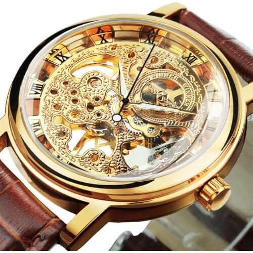 Winner Transparent Golden Case Watches Mens 2020 Leather Strap Mens Watches Top Brand Luxury Mechanical Skeleton Watch relógios