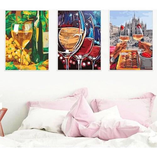 CHENISTORY 3 PC Oil Painting By Numbers Wine Glass Scenery Picture By Number HandPainted 40x50cm Framed On Canvas Home Decor