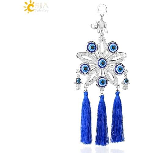 CSJA Reiki Evil Eye Big Pendant Fatima Hamsa Hand Charms Jewelry Tassel Amulet Gift for Men Women Life Flower Wall Hanging E435