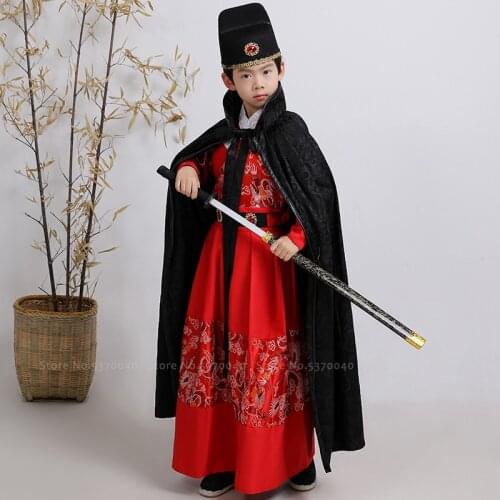 Children Chinese Traditional Hanfu Boys Four Famous Catch Cloak Guard Samurai Knight Cosplay Costumes Kids Performance Outfits