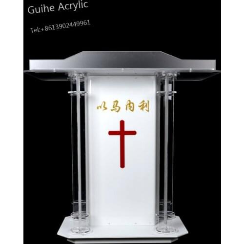 FixtureDisplays Podium Clear Ghost Acrylic w / white Cross Easy Assembly Required Office Desk