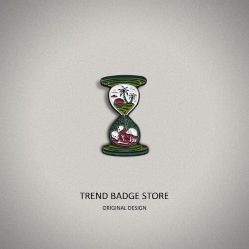 Personality Hourglass Design Brooches For Womens Clothing Bag Badge Beach Ocean Coconut Skull Creative Pins Metal For Backpack