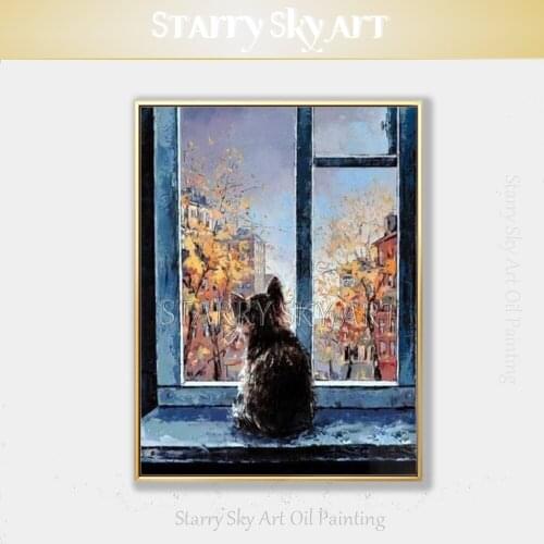 Special Wall Art Impressionist Cat at the Window Oil Painting on Canvas Beautiful Knife Painting Special Cat Back Oil Painting