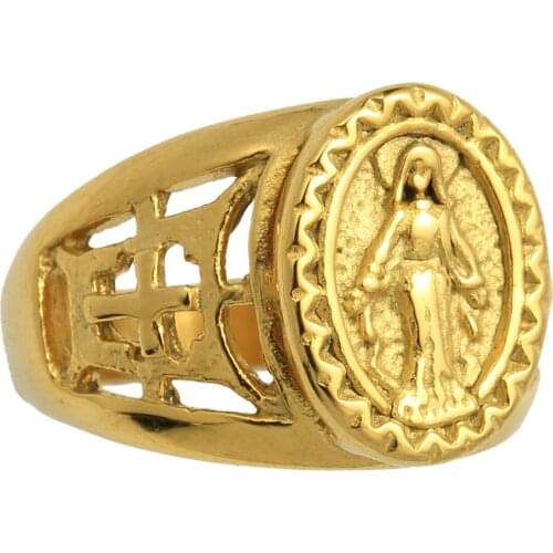 Personality Stainless Steel Maria Ring Hollow Cross Carved Anniversary Ring for Men Women Religious Jewelry Hip Hop Rings