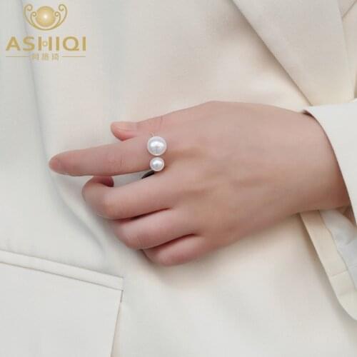 ASHIQI Natural Freshwater Pearl 925 Sterling Silver Double Pearl Opening Adjustable Ring Jewelry Lady Gift