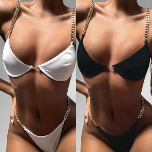 Summer Ladies Solid Color Split Swimsuit Pure Color Comfortable Chain Clause Fashion Sexy Swimsuit Beachwear Bikini Set