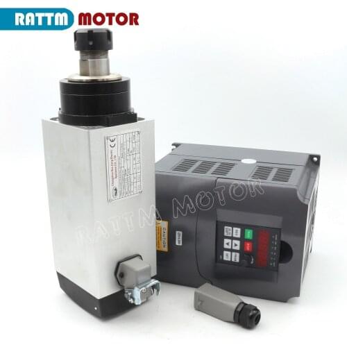 Square 4kw ER25 Air cooled Spindle Motor 4 bearings & 4kw VFD Inverter Converter Controller 220V for CNC Router Milling Machine