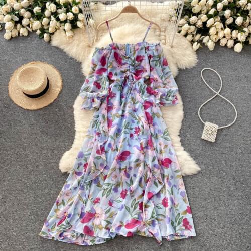 Summer Womens Party Dress Sexy Resort-style One-neck Print Off-the-shoulder Strappy Dress New Waist Female Dresses FC205