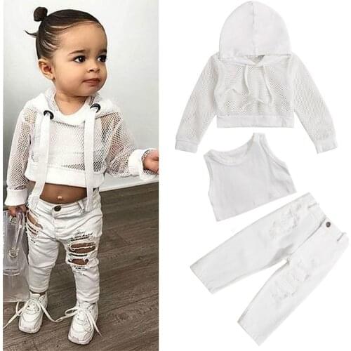 3Pcs Fashion Baby Girls Clothes Sets 2021 Summer Autumn Long Sleeve Fishnet Hoodies Tops + Vest +Ripped Denim Pant Outfit 0-4Y
