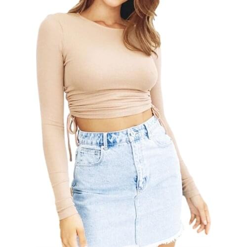2021 Fashion Trend Drawstring Crop Top Sexy Women Long Sleeve O Neck Solid Skinny T-Shirt Spring Autumn New Casual Short Tops