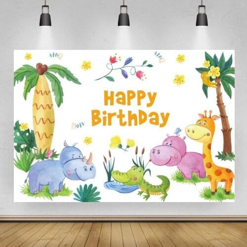 Cartoon Animals Rhinoceros Crocodile White Kids Birthday Background Photo Poster Flowers Tree Decoration Cake Table Backdrops