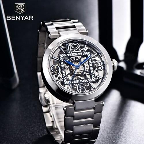 Benyar 2021 New Top Brand Mens Automatic Mechanical Watches Night Light Hollow Design Waterproof Sports Watch Relogio Masculino