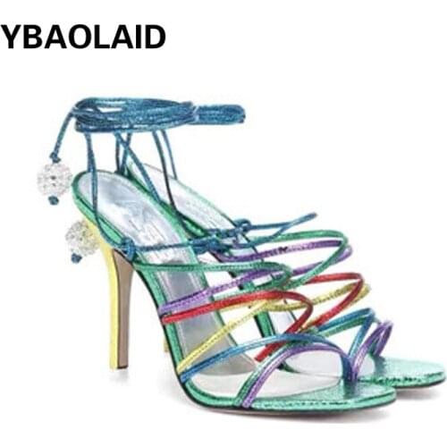 Pointed Toe Cross Straps New Style Sandals Candy Color Matching Open Toe Ankle Straps Crystal Beads High-heeled Sandals