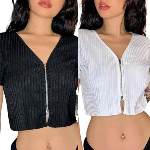 Solid Color Zipper Exposed Navel T-shirt Womens Casual Short Sleeve Cardigan Fashion Streetwear Tee Top