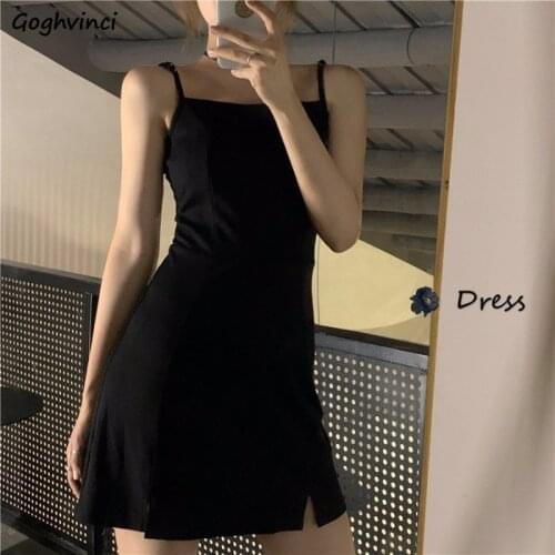 Dress Women Summer Fashion Solid Side-slit Mini All-match Sexy Spaghetti Strap Party Slim Female High Waist New Simple Ulzzang